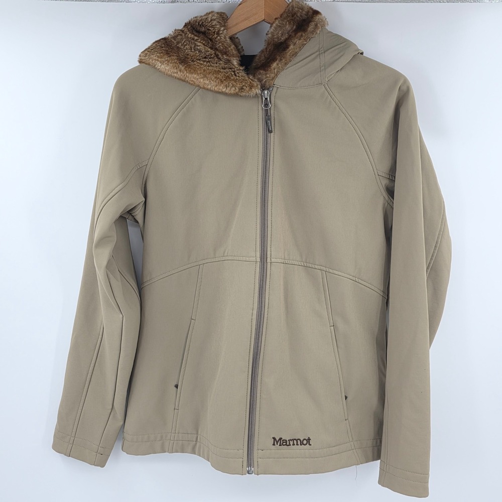 Marmot Womens Tan Faux Fur Trim Hooded Softshell Jacket Size L